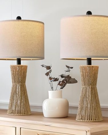OYEARS 22.5" Table Lamps for Living Room,Boho Lamps Set of 2 for Bedrooms, Bedside Lamp for Nightstands, Rattan Lamp, Farmhouse Table Lamp for Room Decor, End Table, Retro, Brown（Not Include Bulbs）