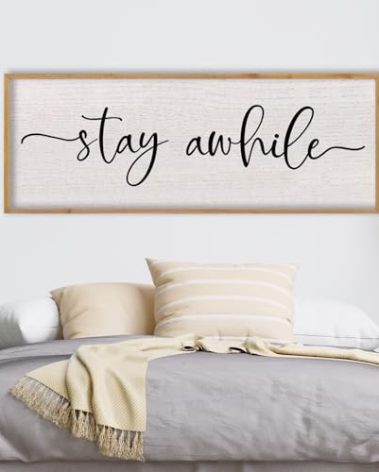 LuZhiQiang Living Room Wall Decor Stay Awhile Sign 40"×15" Lets Stay Family Home for Entryway Black and White Rustic Home Large Wood Frame Wall Hanging Art (Wood)