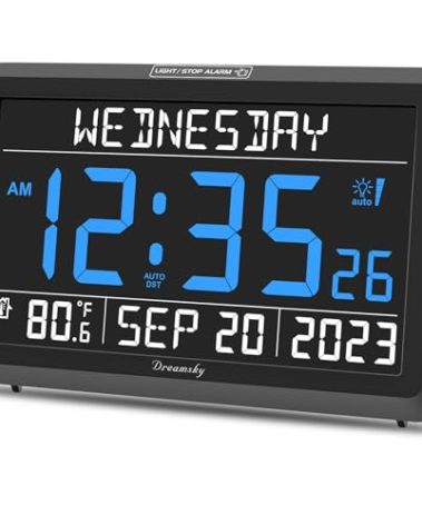 DreamSky Digital Clock with Date and Day of Week - Large Calendar Clock for Seniors Elderly, Loud Alarm Clock for Bedroom Desk, Backlight Dimmer, Adjustable Volume, USB Port, Auto DST, Battery Backup