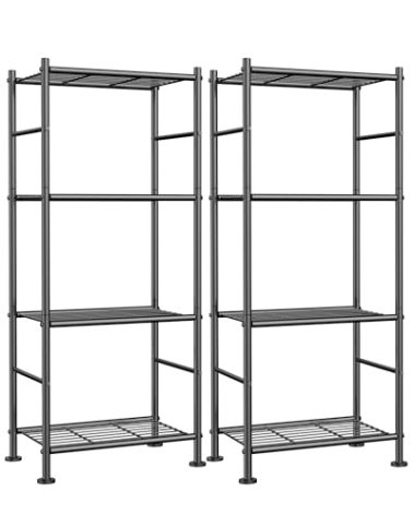 Sakugi Storage Shelves - Set of 2, 4-Tier Metal Shelf Organizer, Space-Saving Garage Shelving with Leveling Feet, Standing Shelves Organizer for Kitchen, Laundry, Pantry (18.1"x12.3"x44.1", Black)