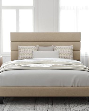 Allewie Queen Size Platform Bed Frame with Fabric Upholstered Headboard and Wooden Slats Support, Fully Upholstered Mattress Foundation/No Box Spring Needed/Easy Assembly, Beige