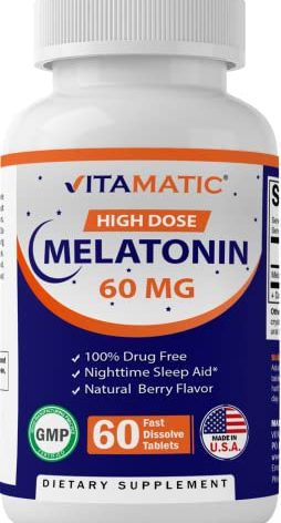 Vitamatic Melatonin 60 mg Fast Dissolve Tablets - 60 Vegan Natural Berry Flavor Tablets - Non-Habit Forming - Non-GMO, Gluten Free (1 Bottle)