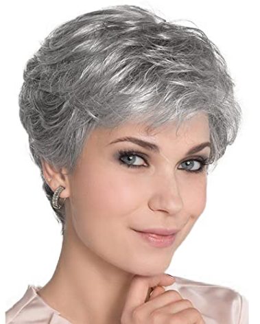 GNIMEGIL Silver Grey Wigs for Senior Women Hair Elderly Wig with Bangs Layered Natural Hair Styles Short Old Lady Wig Halloween Costume Granny Wigs for Older Ladies