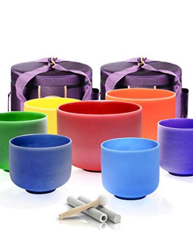 TOPFUND 7-12 inch Chakra Set of 7 Color Crystal Singing Bowls with Heavy Duty Carrying Cases and Mallets