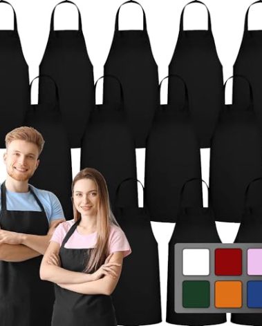 GREEN LIFESTYLE 12 Pack Bib Apron - Unisex Black Aprons, Machine Washable Aprons for Men and Women, Kitchen Cooking BBQ Bulk (Pack of 12, No Pockets, Black)