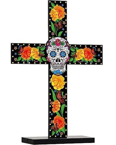 Thyle Day of the Dead Cross Table Decor Dias De Los Muertos Ofrenda Decorations Wooden Mexican Sugar Skull Cross Day of the Dead Altar Statues Figurines Offering Decoration(Small)