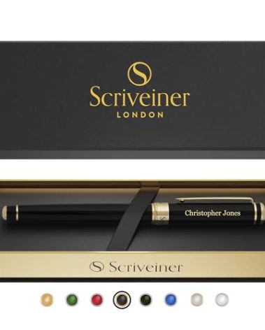 Scriveiner Personalized Black Rollerball Pen - Stunning Luxury Pen, Jet Black Lacquer & Real Gold Plating, Schmidt Ink Refill, Best Engraved Roller Ball Gift for Men & Women, Custom Name Engraving