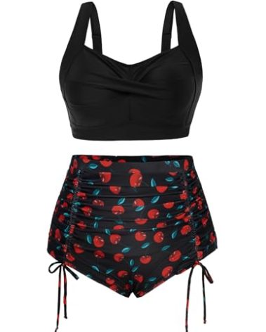 Hanna Nikole Plus Size Two Piece Swimsuits High Waisted Bikini Set Tummy Control Bathing Suits with Bottom Red Cherry 20 Plus