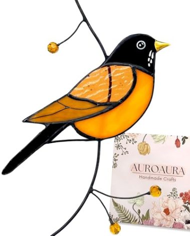AuroAura American Robin Stained Glass Window Hanging - Handmade Real Glass Robin Bird Suncatcher for Women, Mom, Grandma - Elegant Gifts Box Home Decor (H7.9xW4.1 Inch)