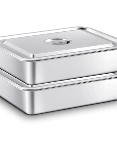Tiangrid 2 Pcs Stainless Steel Bus Tubs with Lid 4" Deep Meat Commercial Tote Box Dishwashing Utility Prep Tub Table Pans, Silver (17.7 x 13.7 Inch)