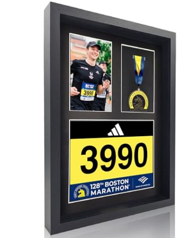 3-in-1 Shadow Box Display with Real Glass (Medal, Race Bibs, and Photo Display) – Marathon Medal Display and Frame, Triathlon & Running Bib Holder, Wall-Mounted, Real Tempered Glass - Black