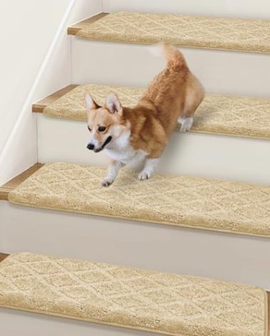 Bullnose Stair Treads Non-Slip 9.5" x 32", 14 Pcs Carpet for Wooden Steps Indoor With Edge Protection, Reusable Peel and Stick TPU Backing Runner Rugs - Diamond Pattern Beige