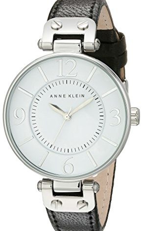 Anne Klein Women's 109169WTBK Silver-Tone and Black Leather Strap Watch