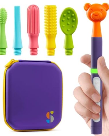 Special Supplies Buzz Buddy Oral Motor Stimulation Kit with 6 Soft Textured Interchangeable Heads, Calm Sensory Needs, Support Speech, and Stimulate Self Feeding, Gentle Vibrations (Purple)