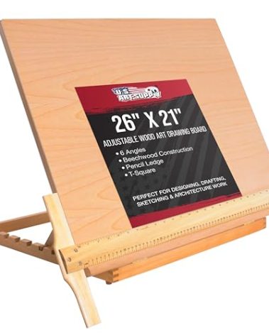 U.S. Art Supply X-Large 26" x 21" Adjustable Wood Art Drawing Board - 6 Angles, Beechwood Construction, Pencil Ledge, 24" T-Square - Ideal for Design, Drafting & Architecture Work