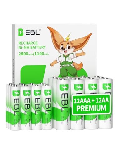 EBL 24 Sets AA AAA Batteries Combo with 12-Pack AA 2800mAh & 12-Pack AAA 1100mAh 1.2V Rechargeable Batteries