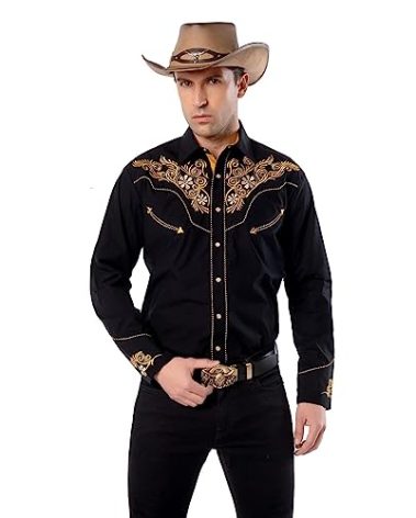 EL PIONERO Men's Western Shirt Long Sleeve Embroidered Cowboy Casual Snap Button Shirt Black-Yellow