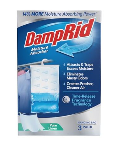 DampRid Pure Linen Hanging Moisture Absorber, 16 oz., 3 Count (Pack of 1) - Eliminates Musty Odors for Fresher, Cleaner Air, Ideal for Closet, 14% More Moisture Absorbing Power*