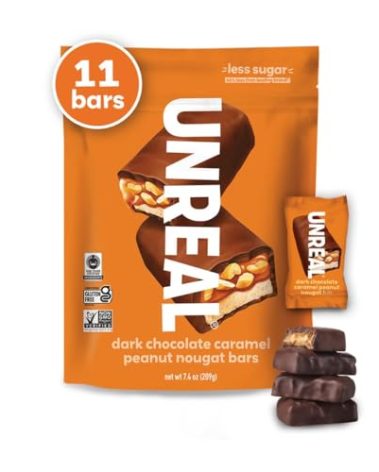 UNREAL Dark Chocolate Caramel Peanut Nougat Bars (1 Bag), 70% Organic Ingredients, Fair Trade, Non-GMO, No Corn Syrup, Sugar Alcohols, Soy, 209grams