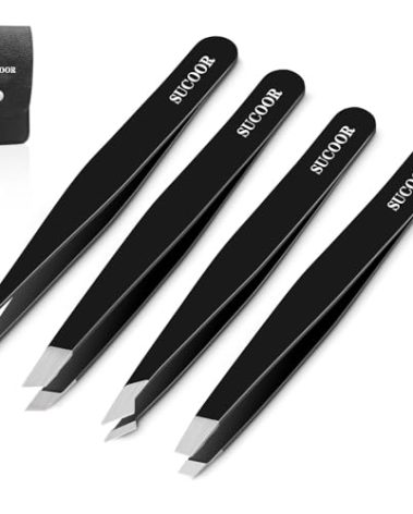 SUCOOR Tweezers for Women Facial Hair, 4Pcs Professional Beauty Tools Stainless Steel Precision Eyebrow Tweezers for Splinter Blackhead and Ingrown Hair Removal, Black