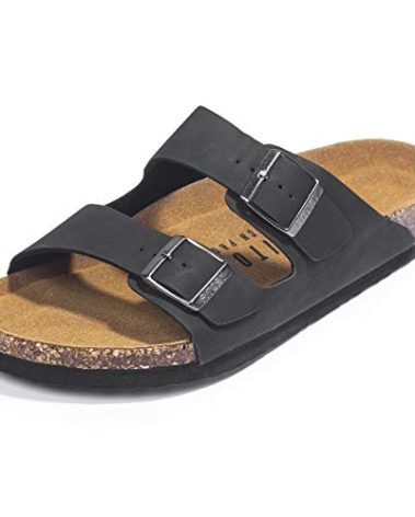 FITORY Mens Sandals, Arch Support Slides with Adjustable Buckle Straps and Cork Footbed Black Size 9
