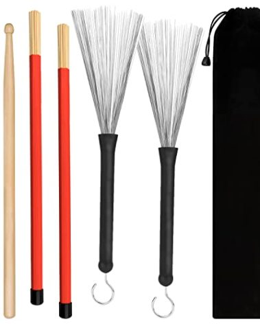 Tbrand Drum Sticks 1 Pair 5A Maple Wood Drum Sticks,1 Pair Retractable Drum Wire Brushes and 1 Pair Rods Drum Brushes set for Kids, Adults, Rock Band, Jazz Folk Students with Portable Storage Bag