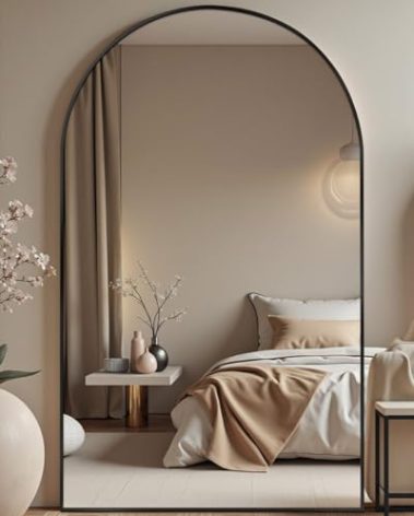 DMWOODFL 81"x41" Black Arched Full Length Mirror - Extra Large Floor/Wall Mounted, Shatterproof Glass & Aluminum Frame with Stand for Bedroom, Living Room, Entryway