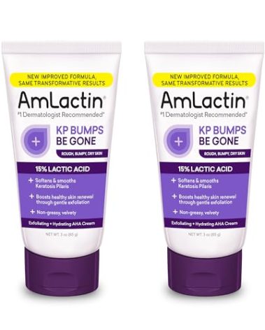 AmLactin KP Bumps Be Gone - 3 oz Keratosis Pilaris Moisturizing Cream with 15% Lactic Acid - Exfoliator and Moisturizer for Dry, Rough and Bumpy Skin, Pack of 2 (Packaging May Vary)