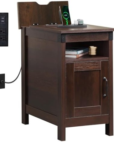 WLIVE End Table with Charging Station, Narrow Side Table for Living Room, Farmhouse Night Stand with Storage, Small Wooden Cabinet with USB Ports and Outlets for Living Room and Bedroom, Espresso