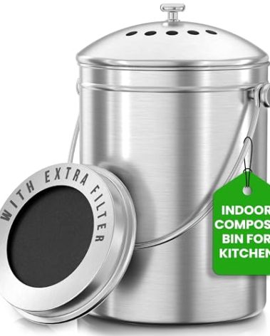 Utopia Kitchen Indoor Compost Bin Kitchen, Odorless Composting with Charcoal Filter, 1.3 Gallon Stainless Steel Large Composter for Countertop & Under Sink, Easy Cleaning, One Extra Filter - (Silver)