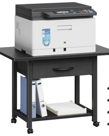 YAOHUOO 22"x15" Large Printer Stand with Storage Drawer, 2-Tier Under Desk Printer Table for Home Office, Printer Cart fit Fax Machine/3D Printer/Scanner(Black)