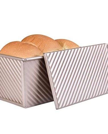 Bakeley Pullman Loaf Pan with Lid, 1Lb Non-Stick Rectangle Corrugated Toast Box for Oven Baking, Dough Capacity 8.3" x 4.8" x 4.3"(Champagne Gold)