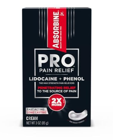 ABSORBINE JR. Absorbine Jr. PRO Max Strength Lidocaine Cream, Maximum Pain Relief with Phenol for Fast-Acting of Nerve Pain, Muscle Aches, and Joint Discomfort, Non-Greasy Formula, 3oz. Tube, 1