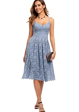 Atnlewhi Womens Spaghetti Strap V Neck Sleeveless A Line Lace Dresses for Evening Cocktail Formal Wedding Guest Light Blue