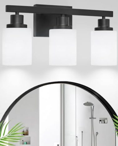 DIKAIDA 3-Light Bathroom Light Fixtures Over Mirror, Modern Matte Black Vanity Lights with White Frosted Glass Shade, Bathroom Wall Lamp Sconces for Mirror Bedroom, Living Room Hallway