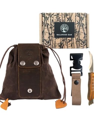 Balanced Oak Mushroom Foraging Kit, Waxed Canvas Foraging Bag, Glove Attachment, and Stainless Steel Foraging Knife with Brush, Belt Pouch for Collecting Mushrooms, Berries and More