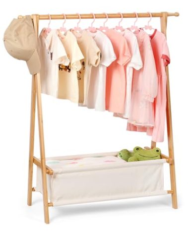 Relquorax Kids Clothing Rack with Storage, Dress Up Rack, Child ClothesRack, Small Garment, for Costume, Bamboo (Natural Color)