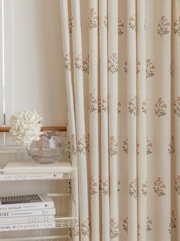 DrapePalette - Linen Blend Pinch Pleated Curtains for Living Room, Bedroom, Dining Room - Light Filtering Curtains 2 Panels Set - Luxury and Modern Floral Printed Design - Beige White, 30" W x 96" L