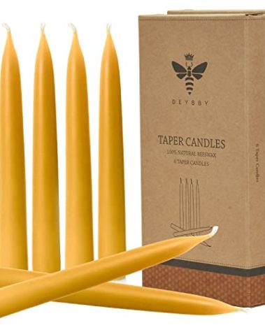 8 inch Natural Beeswax Taper Candles Set of 12, DEYBBY Smokeless and Dripless Beeswax Candles, 8Hrs Burn Time, Nontoxic