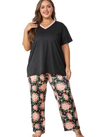 Vozanet Women's Pajama Sets Short Sleeve with Long Pant Soft Sleepwear Printed pj Loungewear With TWO Pockets Size 1X to 5X, Pink Flowers/Black, 5X-Large