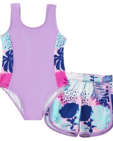 U·nikaka Baby Girls One Piece Swimsuits with Boyshorts Toddler Bathing Suit Little Girls Swimsuits Summer Swimwear 2-6Y Purple