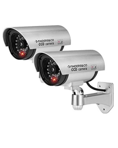 F FINDERS&CO Fake Security Camera, Dummy CCTV Surveillance System with Realistic Red Flashing Lights and Warning Sticker (2, Silver)