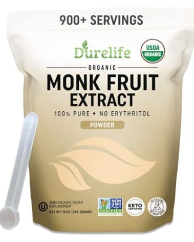 Durelife Organic 100% Pure Monk Fruit sweetener, No Erythritol, Monkfruit Extract Powder, USDA organic NON-GMO Project Verified, Keto Certified OU kosher No Fillers Zero Calorie Sugar Substitute 10 OZ