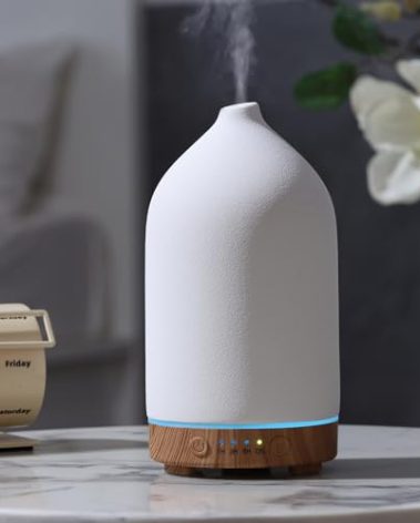 Gooamp 200ML Ceramic Essential Oil Diffuser - Ultrasonic Aromatherapy & Humidifier with 7-Color LED Lights, Auto Shut-Off, Wood Grain Base, 1H/3H/6H Timer | Scent for Home, Office, Yoga