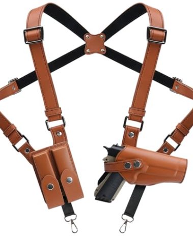 Shoulder Holster General Vertical Gun Holster Adjustable PU Leather for Concealed Carry with Double Magazine Pouch - Fit 1911, Glock 17/19/23 and Most Kinds of Pistols- for Right Hand use