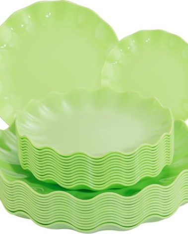 LIYH 24 Pcs Green Plastic Plates Reusable - Unbreakable Dinner Plates Scalloped Dessert Plate Microwave & Dishwasher Safe Plate Sets Perfect for Parties Birthday Picnics (12Guests)