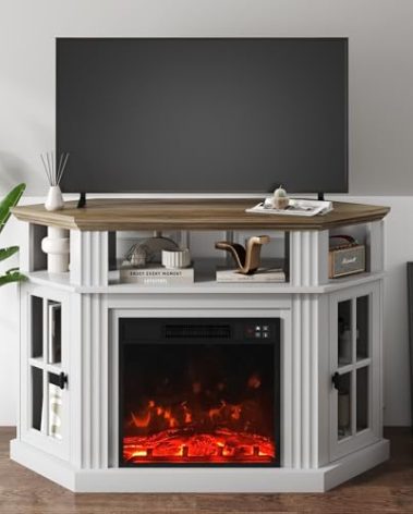 YESHOMY Corner Fireplace TV Stand for Television up to 55" with Storage Cabinets, Entertainment Center, Media Console for Living Room, Bedroom, White&Rustic
