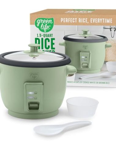 GreenLife Electric Rice Cooker, 3-Cups Uncooked/6-Cups Cooked, Removable PFAS-Free Nonstick Pot, One-Switch Design, Auto Keep Warm, Small Space Saving, Rice Paddle, Soup, Grains, Oatmeal, 1.5 QT, Green
