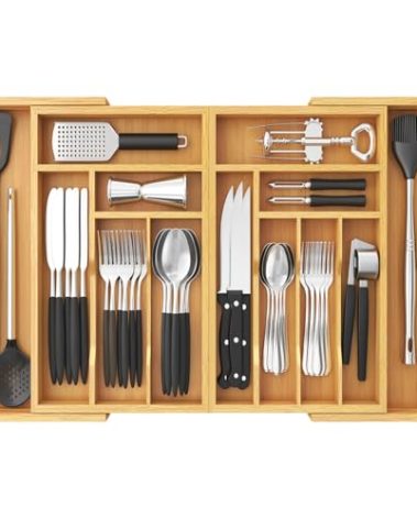 Lifewit Large Silverware Drawer Organizer, Expandable 21.4 to 36 Inches Wide, Bamboo Utensil Tray for Kitchen, Adjustable Flatware and Cutlery Holder for Spoons Forks Knives, 13 Compartments, Natural