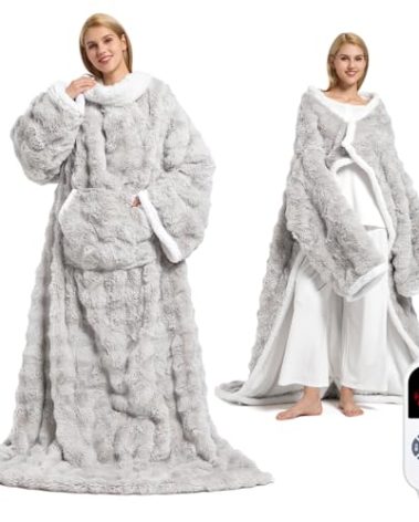 Wearable Heated Blanket, Luxury Faux Fur & Sherpa Electric Throw Blanket with Sleeves, Foot Pockets, Heated Robe for Women Men Gift, 3 Heat Levels & 12H Timer, ETL & FCC Certified, 52"x 72" Light Grey